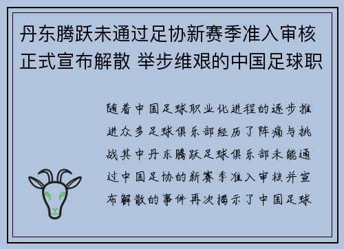 丹东腾跃未通过足协新赛季准入审核正式宣布解散 举步维艰的中国足球职业化困境再现